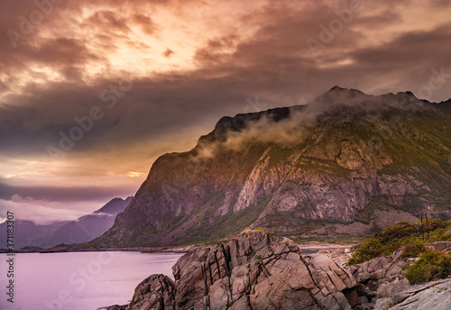Mountain coast landscape at sunset, Norway