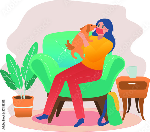 A woman playing with her dog at home after arrive home from whole day work