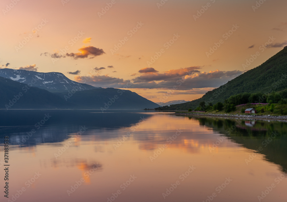 Norway Mountain coast landscape at sunset, Norway