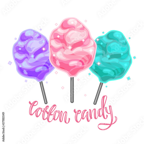Colorful illustration of cotton candy on a white isolated background. Vector.