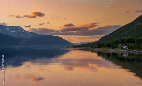 Mountain coast landscape at sunset, Norway