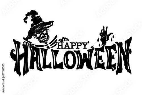 Vector text banner of happy Halloween with zombies. Isolated background.