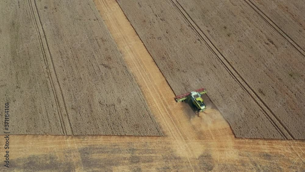 Aerial view of combine harvester at work on the field at daytime. Aerial view of combine harvester at work on the field at daytime.