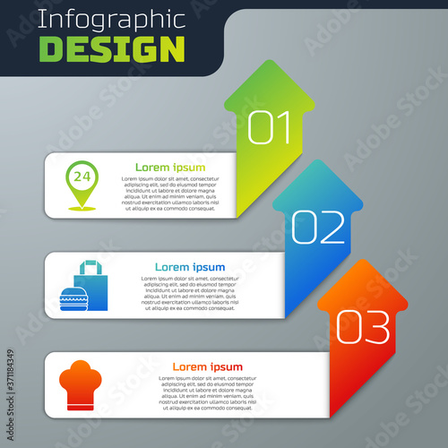 Set Round the clock delivery, Online ordering burger delivery and Chef hat. Business infographic template. Vector.