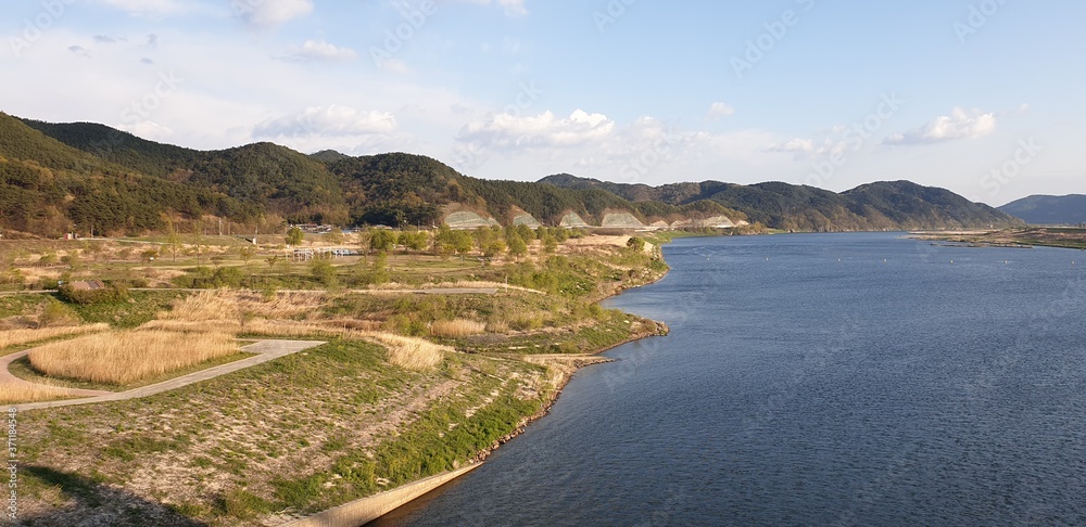 Park by the river in Korea with bike path