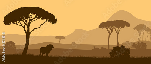 Photo Beautiful vector landscape of African savannah with animals during sunset