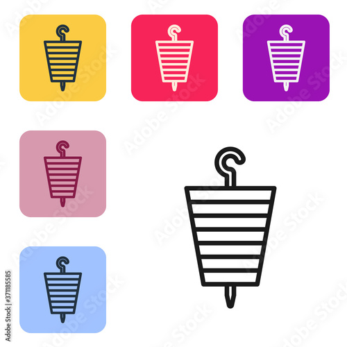 Black line Grilled shish kebab on skewer stick icon isolated on white background. Meat kebab on skewer stick. Picnic with grilled meat. Set icons in color square buttons. Vector Illustration.