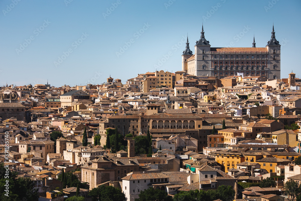 View from the historical centre of Toledo and the famous Alcazar at the top; Spain.