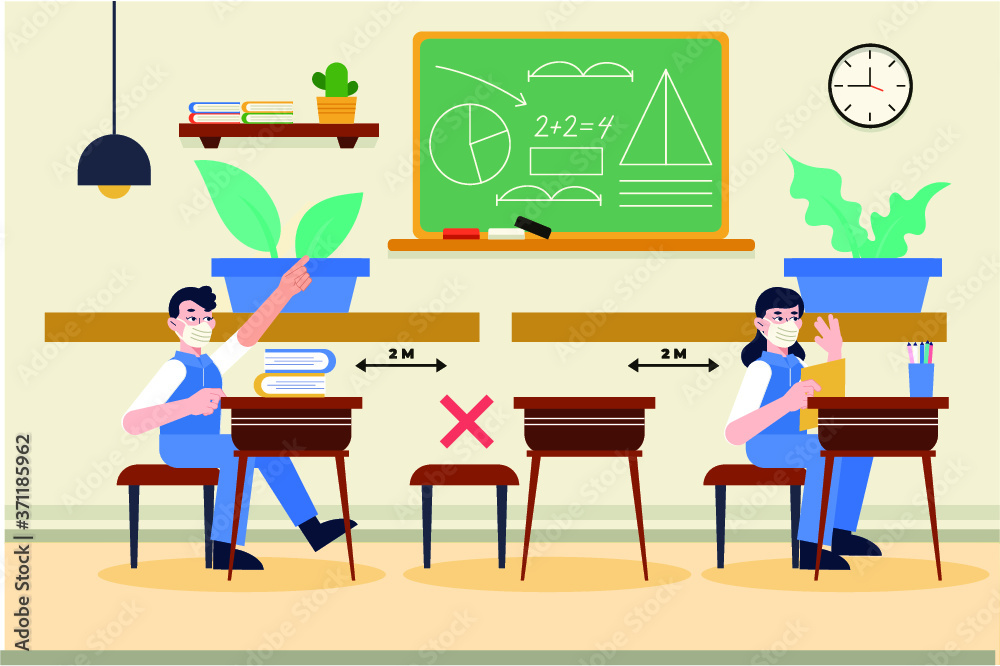 Social distance in new normal Concept in school, Teacher Boy and girl wearing medical face mask in Classroom. prevent pandemic of corona virus or COVID-19. Social distance in new normal Concept in school, Teacher Boy and girl wearing medical face mask in Classroom. prevent pandemic of corona virus or COVID-19.