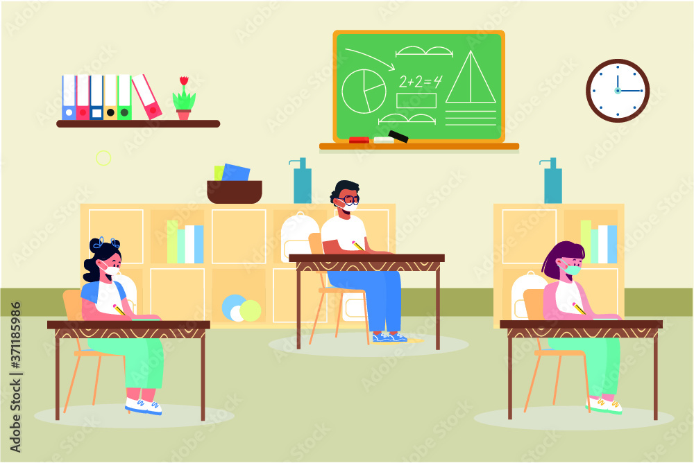 Social distance in New normal Concept in school, Boy and girl wearing medical face mask live in Classroom. prevent pandemic of corona virus or COVID-19. Social distance in New normal Concept in school, Boy and girl wearing medical face mask live in Classroom. prevent pandemic of corona virus or COVID-19.