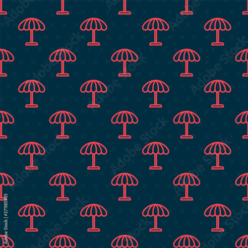 Red line Sun protective umbrella for beach icon isolated seamless pattern on black background. Large parasol for outdoor space. Beach umbrella. Vector Illustration.
