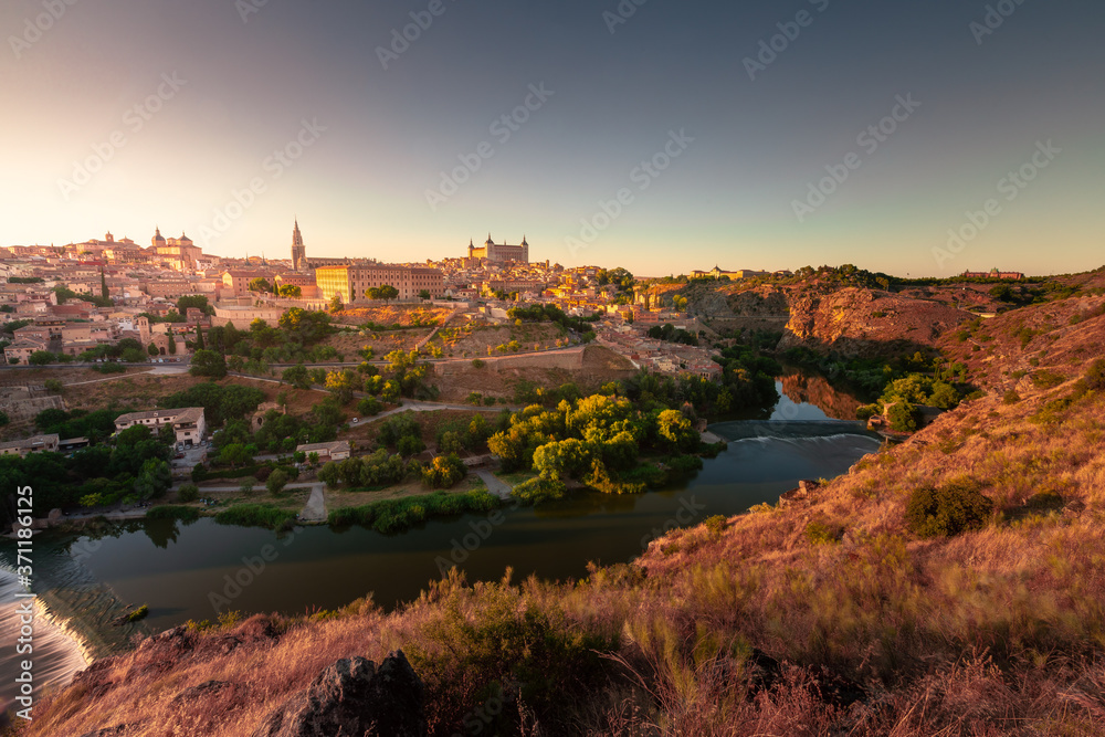 Panorama view from Toledo, capital from spanish region of La Mancha with the famous Alcazar and cathedral.