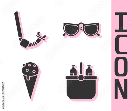 Set Cooler bag and water, Snorkel, Ice cream in waffle cone and Glasses icon. Vector.