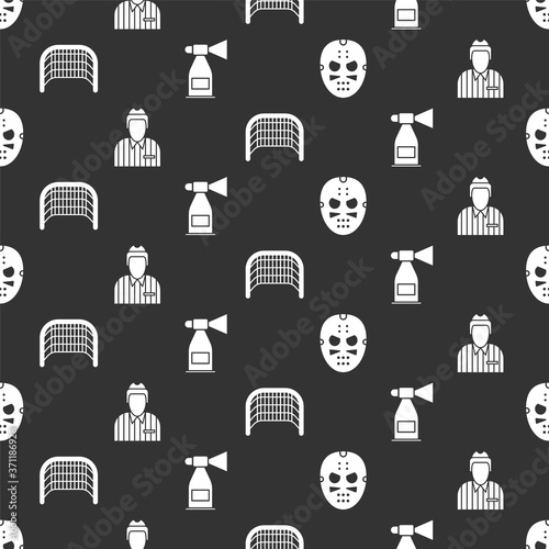 Set Hockey mask, Hockey judge, referee, arbiter, Ice hockey goal and Air horn on seamless pattern. Vector.