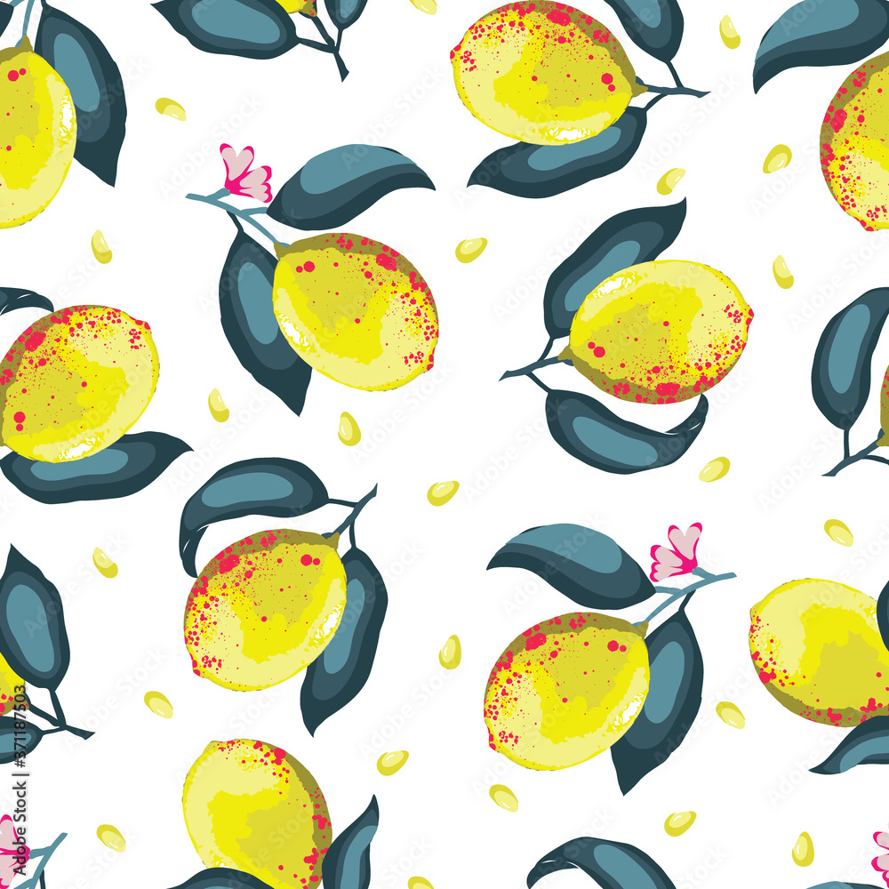 Summer Loose Lemons on White Background Vector Seamless Pattern