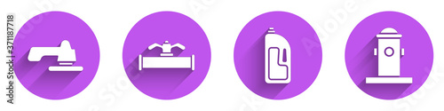Set Water tap, Industry pipe and valve, Container with drain cleaner and Fire hydrant icon with long shadow. Vector.