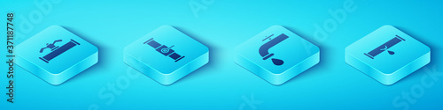 Set Isometric Industry pipe and valve, Industry pipe and valve, Broken pipe with leaking water and Water tap icon. Vector.