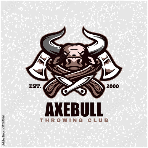 Bull head with axes and knifes, throwing club logo. Design element for company logo, label, emblem, apparel or other merchandise. Scalable and editable Vector illustration.