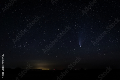 comet neowise in the starry night sky.