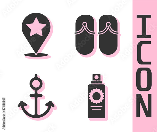 Set Sunscreen spray bottle, Map pointer with star, Anchor and Flip flops icon. Vector.