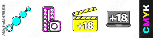 Set Anal beads, Birth control pills and condom, Movie clapper with 18 plus content and Laptop with 18 plus content icon. Vector.