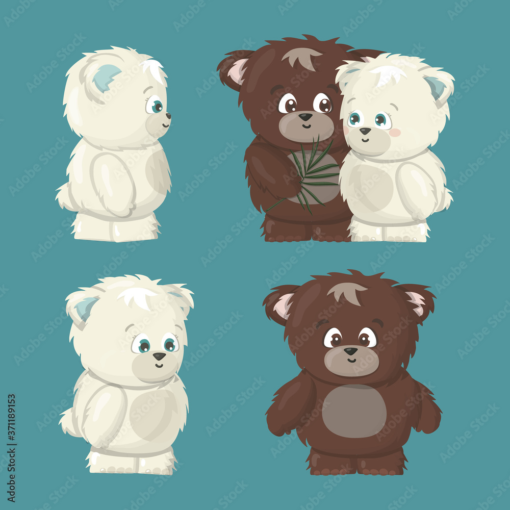 white polar and brown grizzly smiling happy bears poses set are in love cartoon vector illustration on blue background. Grizzly male bear makes a gift a tropical leaf for polar female bear white polar and brown grizzly smiling happy bears poses set are in love cartoon vector illustration on blue background. Grizzly male bear makes a gift a tropical leaf for polar female bear