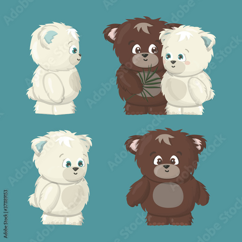 white polar and brown grizzly smiling happy bears poses set are in love cartoon vector illustration on blue background. Grizzly male bear makes a gift a tropical leaf for polar female bear