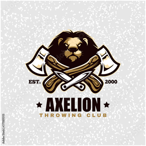 Lion head with axes and knifes, throwing club logo. Design element for company logo, label, emblem, apparel or other merchandise. Scalable and editable Vector illustration.