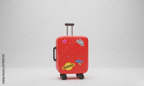 A red, stylist travel suitcase, luggage with stickers on white background