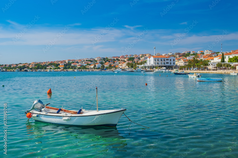 Town of Novalja on the island of Pag, Adriatic sea in Croatia. Boats in marina. Tourist destination.