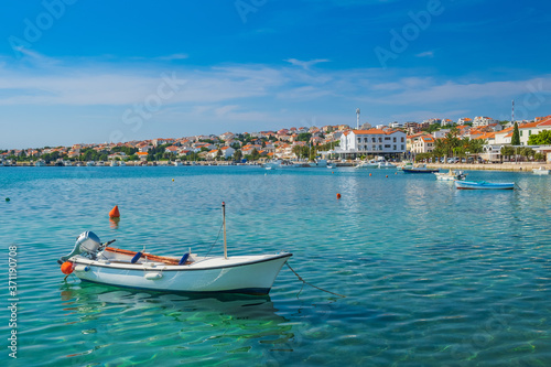Town of Novalja on the island of Pag  Adriatic sea in Croatia. Boats in marina. Tourist destination.