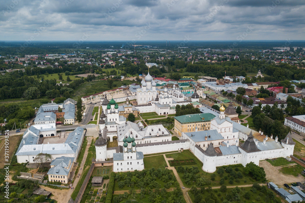 Aerial summer view of white Nikitskiy monastery with silver domes in Pereslavl Zalessky, Yaroslavl Region, Russia. Golden Ring of Russia