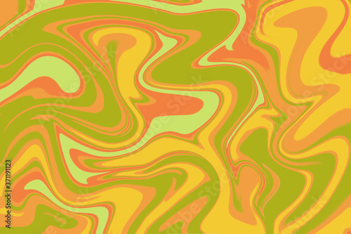 Orange green liquid paint abstraction. Liquify texture for autumn seasonal graphic design. Olive green and yellow digital illustration. Abstract floating paint ornament. Natural palette texture