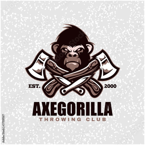 Gorilla head with axes and knifes, throwing club logo. Design element for company logo, label, emblem, apparel or other merchandise. Scalable and editable Vector illustration.