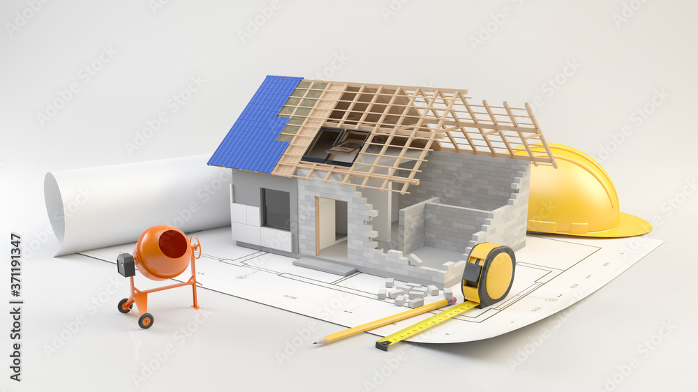 House construction concept - house build model with tools on plans. 3D illustration - obrazy, fototapety, plakaty 