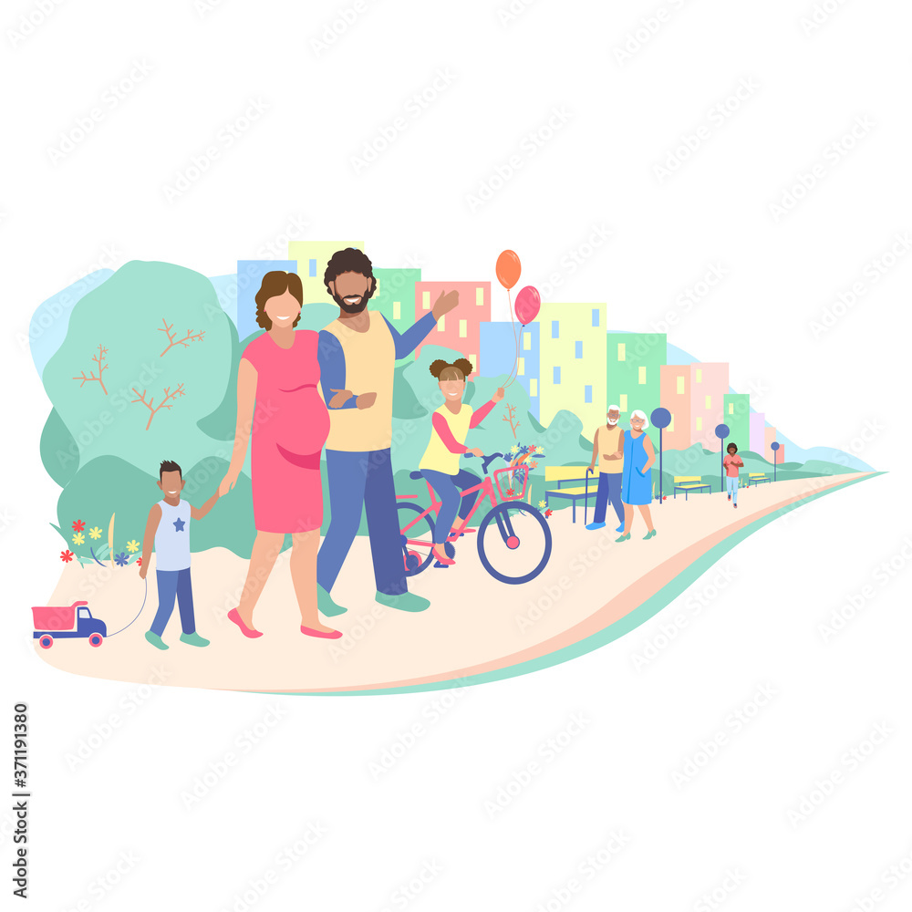 Fototapeta premium The family is walking in the city park. Children and parents, old people and young people lead an active lifestyle. City life vector illustration.