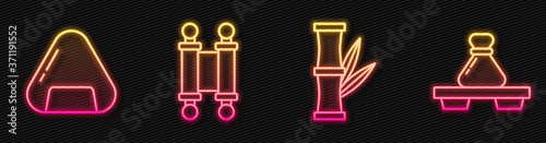 Set line Bamboo, Sushi, Decree, paper, parchment, scroll and Dumpling on cutting board. Glowing neon icon. Vector.