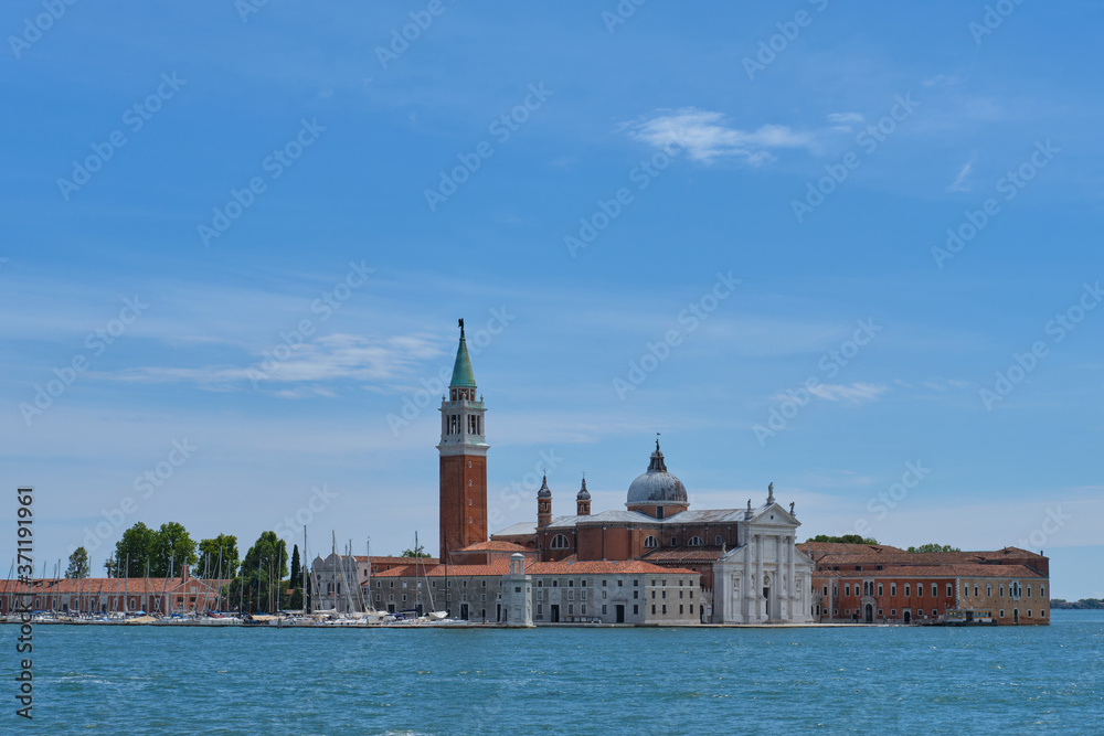 San Giorgio Maggiore, Venice. Church on the island of the same name in Venice. Blue lagoon view