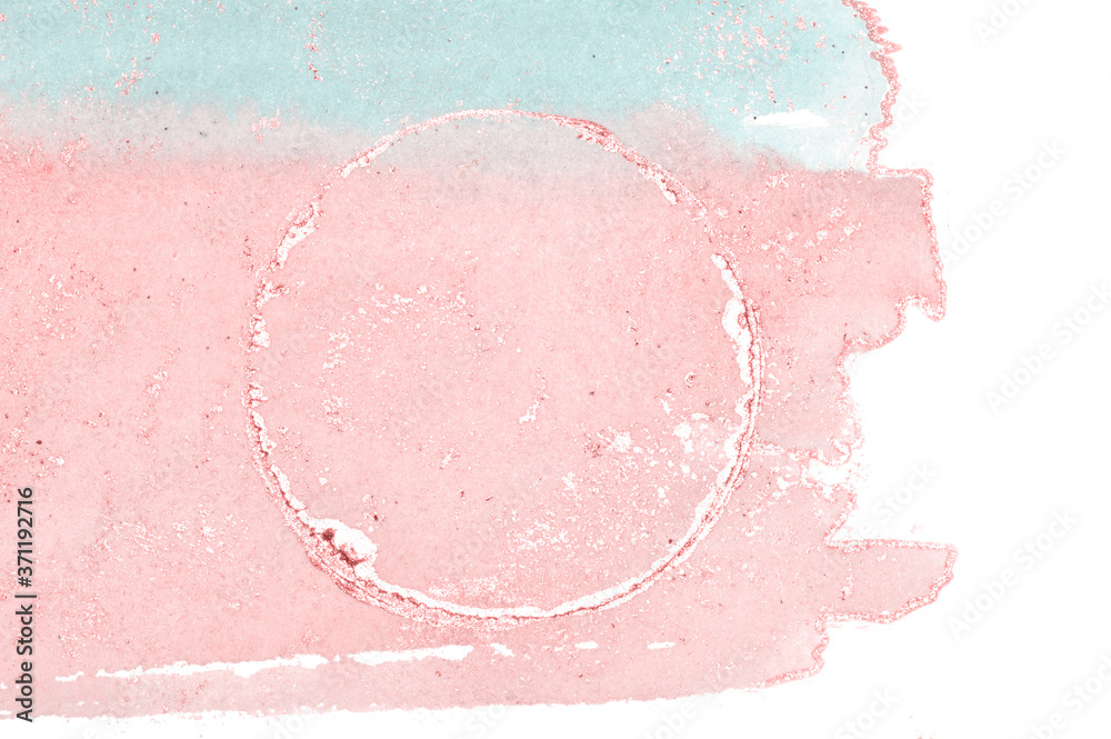 Shiny golden round frame on blue and pink watercolor stains on white background Shiny golden round frame on blue and pink watercolor stains on white background