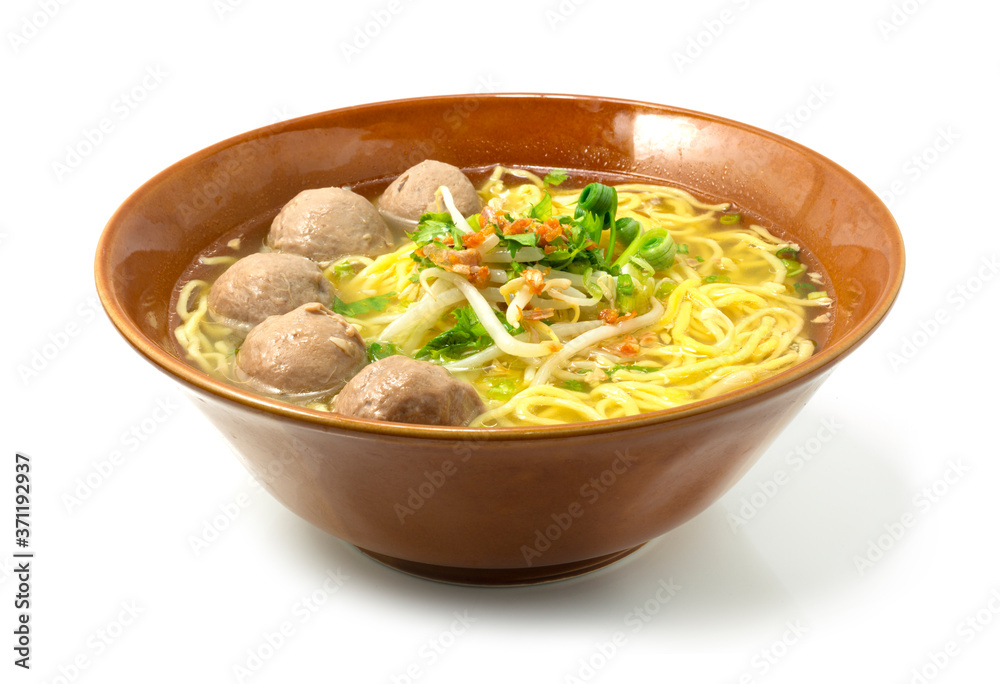 Egg Noodles with Beef Balls in clear Soup ontop spring onion