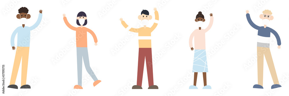 Group of multicultural men and women wearing medical masks with rise hands. Disease, flu, contaminated air, world pollution, pandemic concept set. Vector illustration in a flat style isolated on white Group of multicultural men and women wearing medical masks with rise hands. Disease, flu, contaminated air, world pollution, pandemic concept set. Vector illustration in a flat style isolated on white