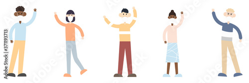 Group of multicultural men and women wearing medical masks with rise hands. Disease, flu, contaminated air, world pollution, pandemic concept set. Vector illustration in a flat style isolated on white