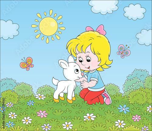 Happy little girl playing with a small white kid among wildflowers on green grass of a summer field on a sunny day, vector cartoon illustration