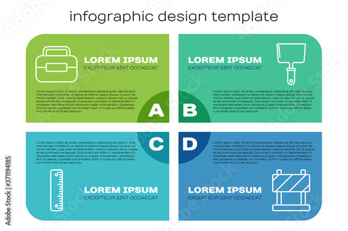Set line Ruler, Toolbox, Road barrier and Putty knife. Business infographic template. Vector.