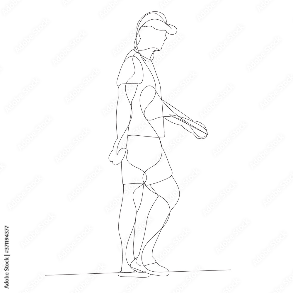  isolated, sketch, continuous line drawing of a man in a cap walking