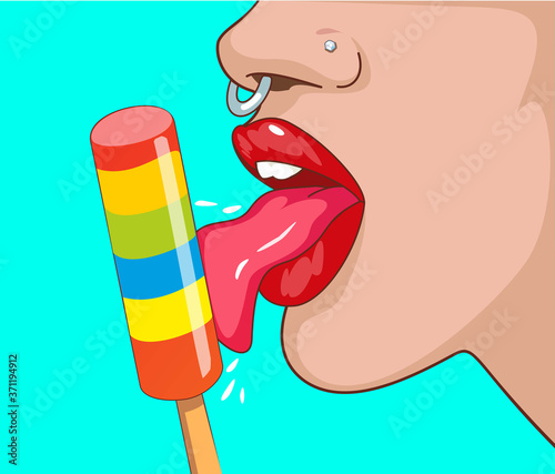 Vector illustration of tongue licking lollipop. 