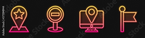 Set line Monitor with location marker, Map pointer with star, Stop sign and Location marker. Glowing neon icon. Vector.