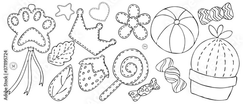 cute items for a girl - crown, sweets, toys, decorations, decorative element, vector set of elements with decorative stitching, coloring for children