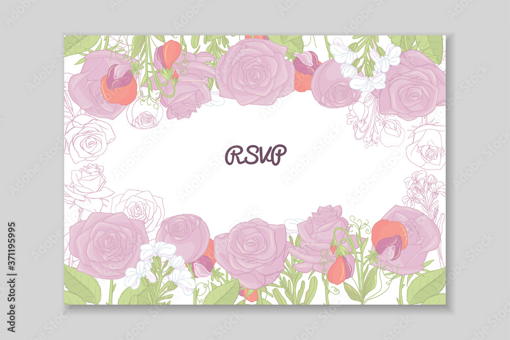 Greeting card template with hand drawn rose, peony arrangement. Floral frame design. Vector illustration. Greeting card template with hand drawn rose, peony arrangement. Floral frame design. Vector illustration.