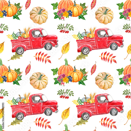 Pumpkin truck seamless pattern. Colorful autumn harvest print. Vintage red ca...